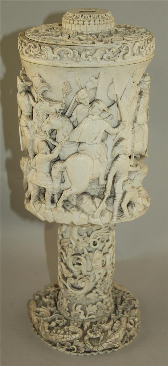 A large 19th century North European carved ivory vase and cover, probably German, 15in.